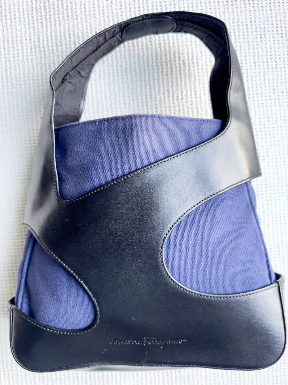 Salvatore Ferragamo Navy Canvas and Black Leather Shoulder Bag